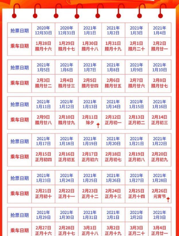 2021年春运抢票时间一览